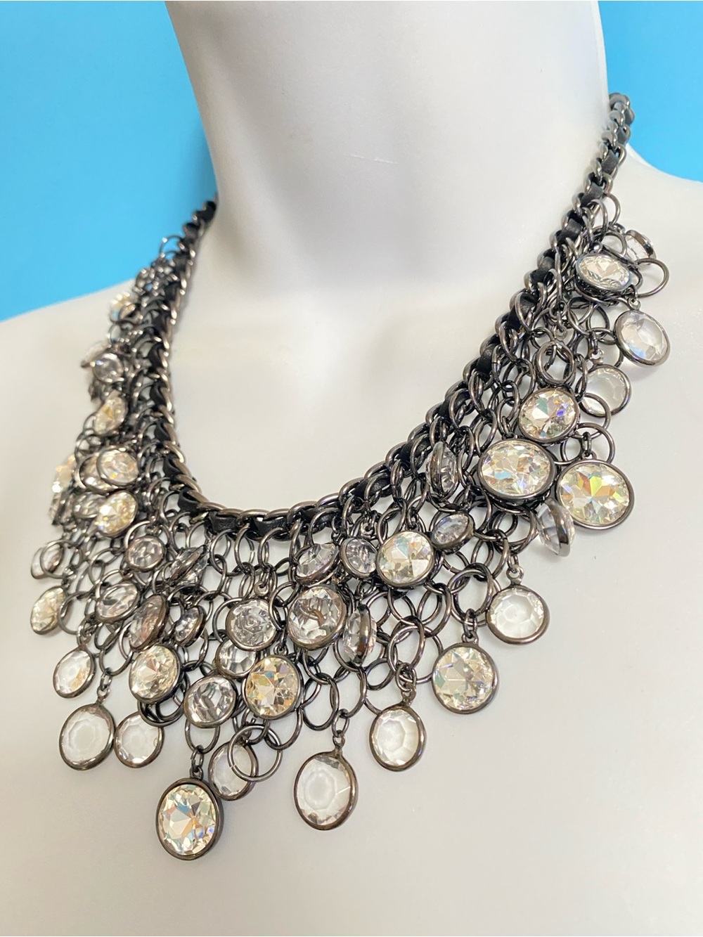 NWT CHICO’S Cha-Cha Necklace Bib Style Gunmetal Chain Link Crystal Rhinestones